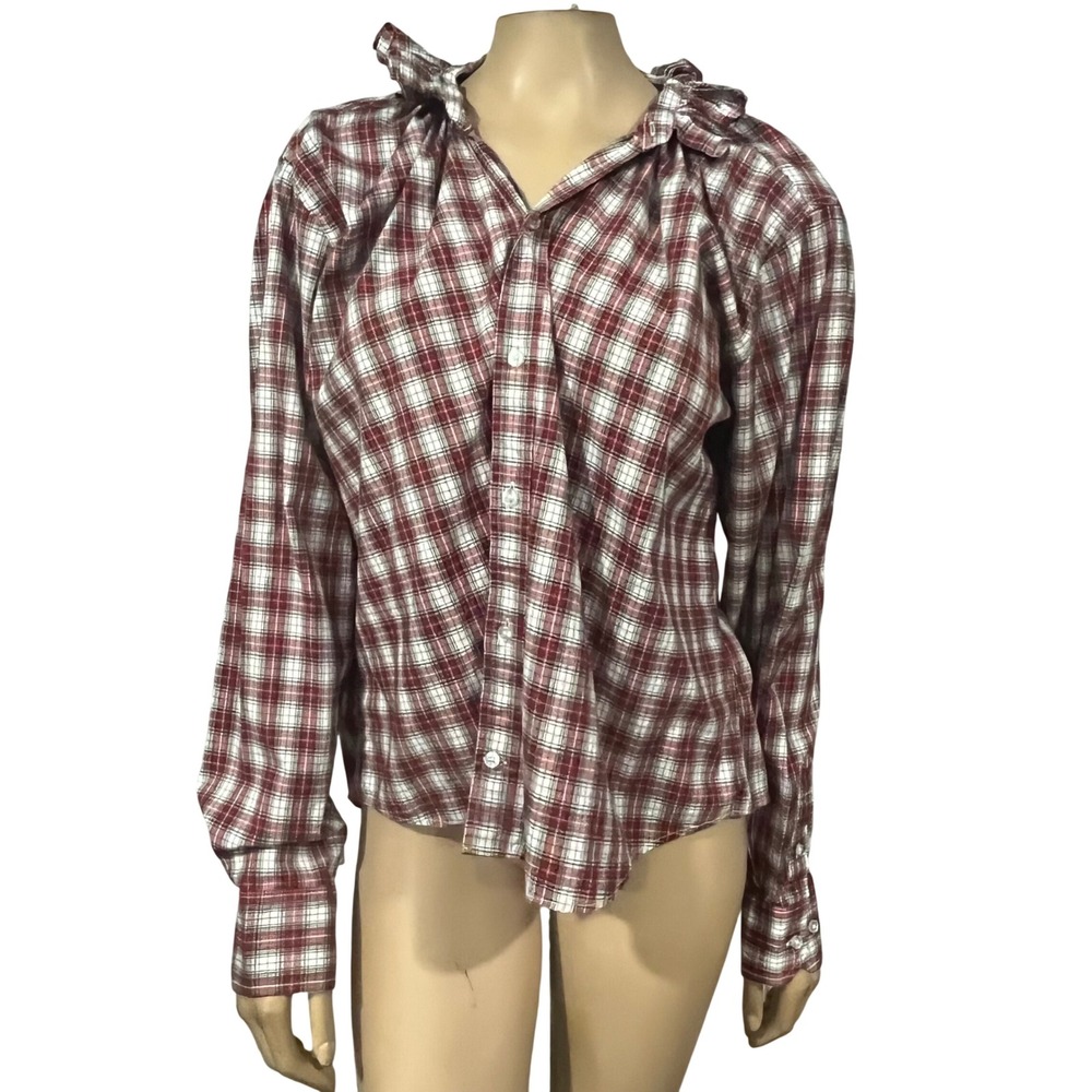 KMJ Quarantina Red Plaid Ruffle Collar Button Down Shirt Boyfriend Boho Chic XL
